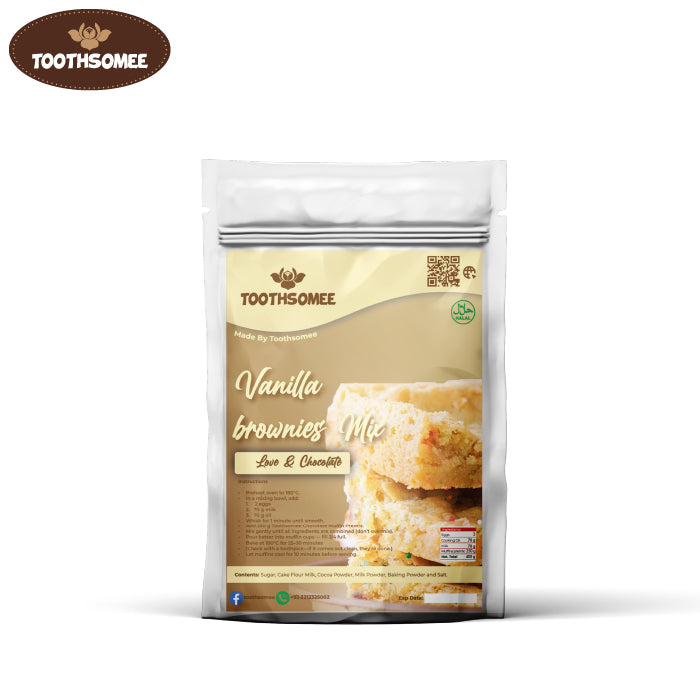 Toothsomee Vanilla Brownies Premix packs displayed for product showcase
