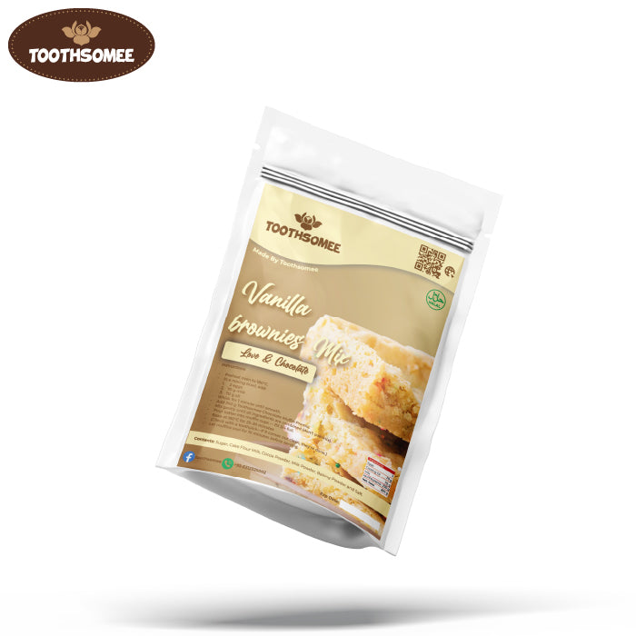 Toothsomee Vanilla Brownies Premix packs displayed for product showcase