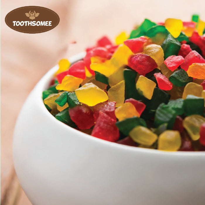 Colorful tutti frutti fruit bits for cake and dessert topping – Toothsomee