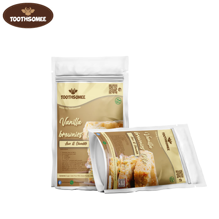 Toothsomee Vanilla Brownies Premix packs displayed for product showcase