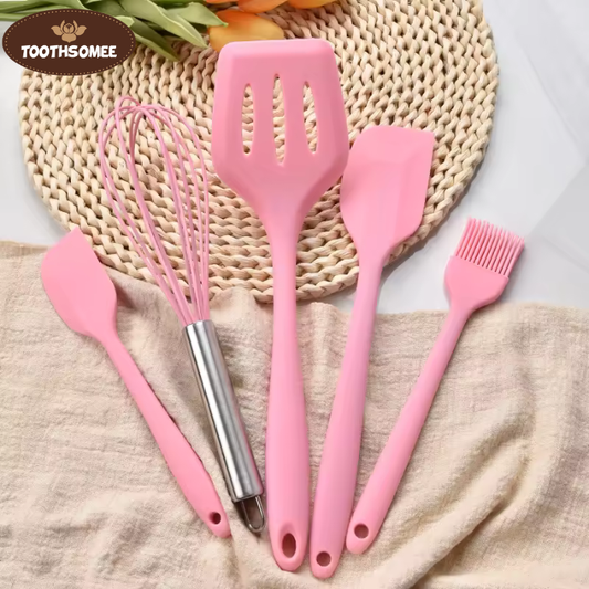 Toothsomee 5-piece pink silicone baking tools set including spatula, brush, whisk, and turner with size measurements.