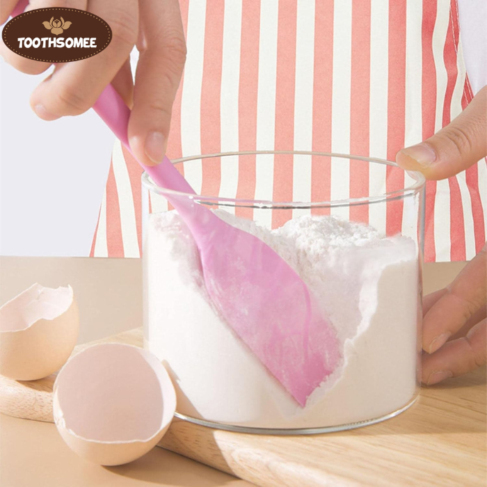 Toothsomee 5-piece pink silicone baking tools set including spatula, brush, whisk, and turner with size measurements.