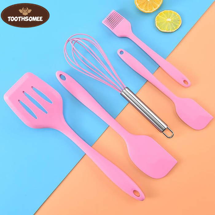 Toothsomee 5-piece pink silicone baking tools set including spatula, brush, whisk, and turner with size measurements.