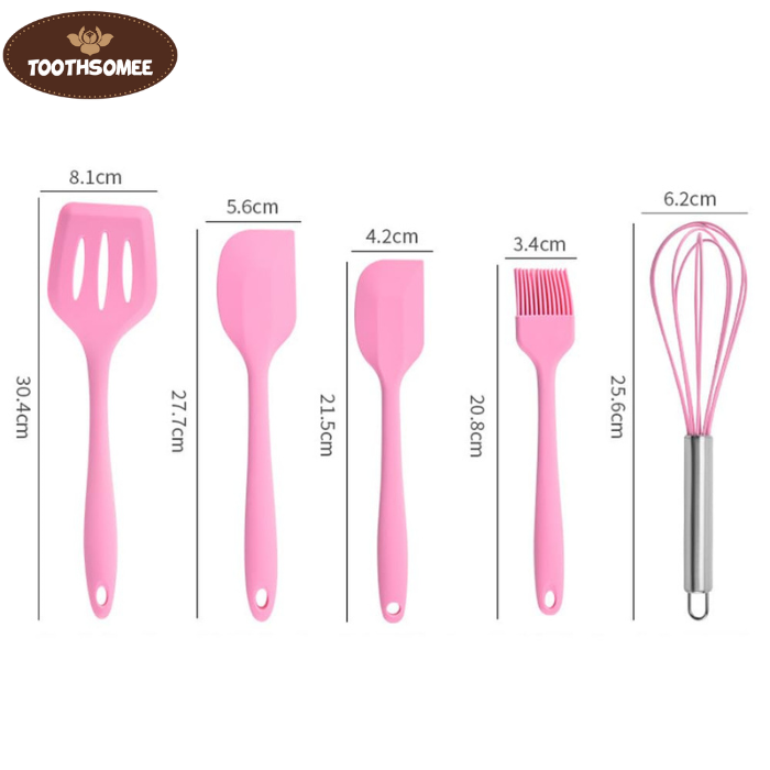 Toothsomee 5-piece pink silicone baking tools set including spatula, brush, whisk, and turner with size measurements.