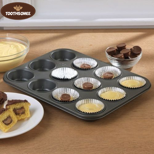 12-cup non-stick muffin and cupcake baking tray by Toothsomee, black metal baking pan