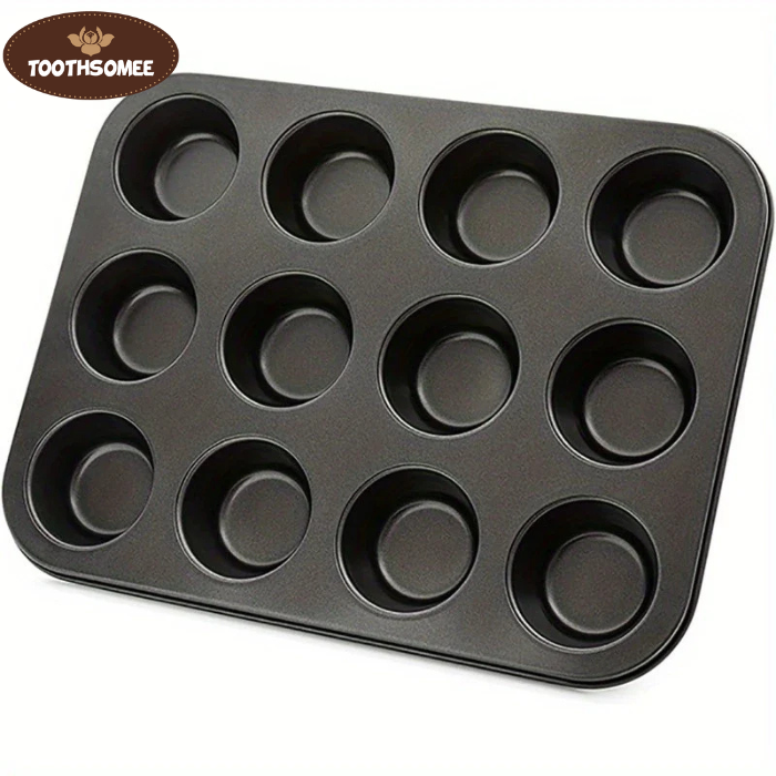 12-cup non-stick muffin and cupcake baking tray by Toothsomee, black metal baking pan