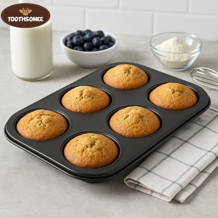 Non-stick 6-cup muffin tray with freshly baked muffins placed on a kitchen counter