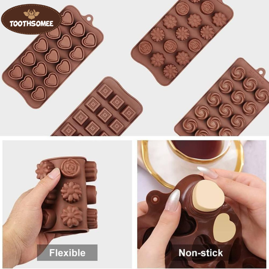 Non-stick silicone molds filled with melted chocolate ready to set