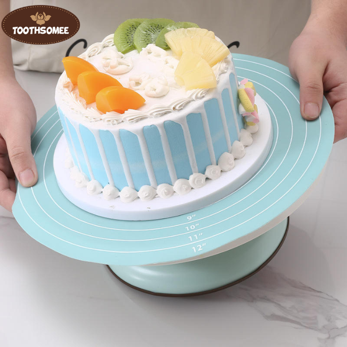 Round silicone baking mat with printed measurements used for rolling dough