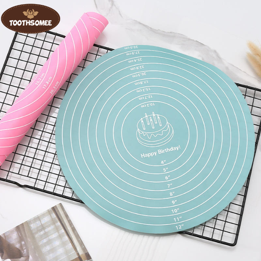 Round silicone baking mat with printed measurements used for rolling dough