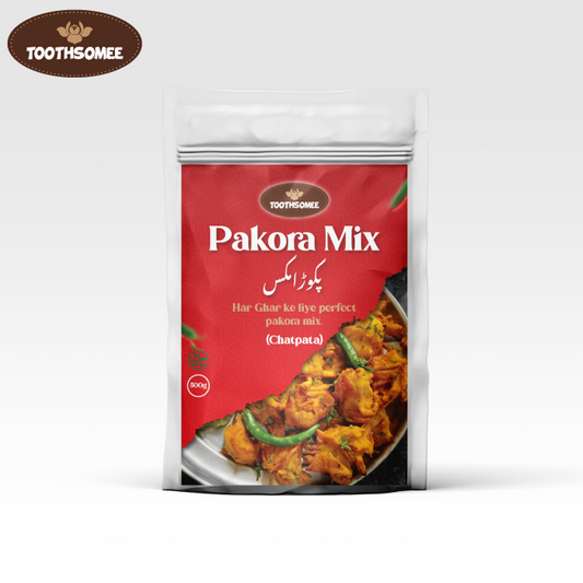 Toothsomee Pakora Mix 500g chatpata flavor packaging with crispy pakoras image