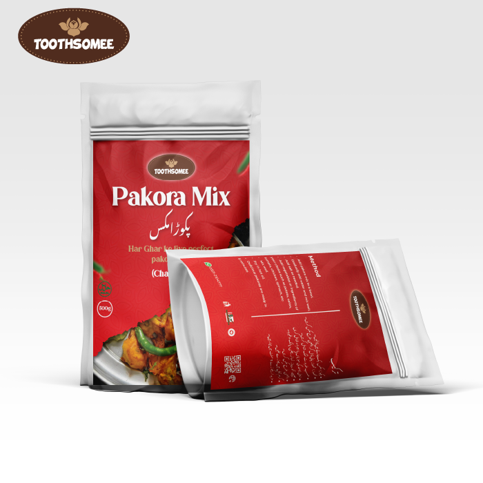 Toothsomee Pakora Mix 500g chatpata flavor packaging with crispy pakoras image